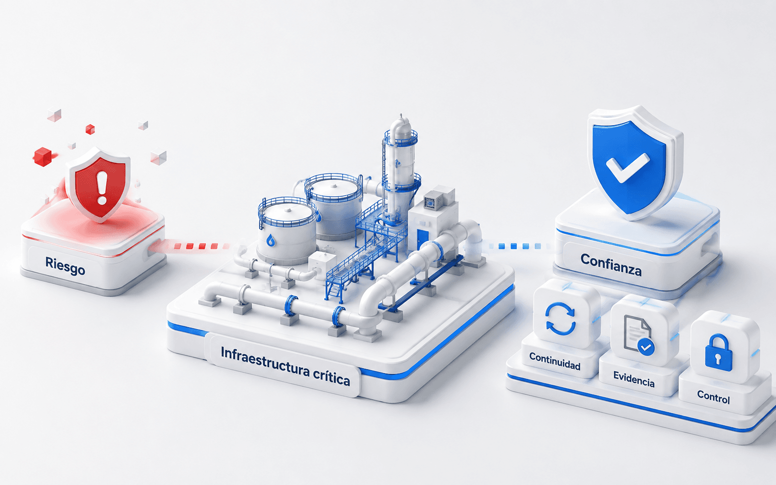 Oleoducto e infraestructura energética de Vaca Muerta representados como activos críticos protegidos por controles de ciberseguridad